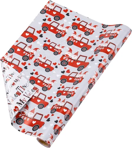 Miniatura 9 de RUSPEPA Rollo de papel de regalo reversible, mini rollo, diseño de pareja de gnomos rojos en camión, ideal para el día de San Valentín, fiesta