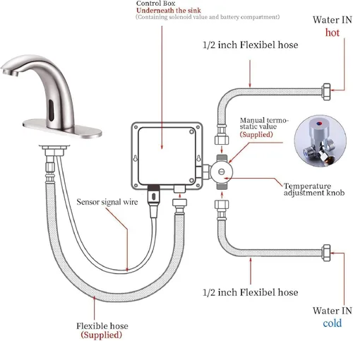 Miniatura 5 de Grifo de lavabo de baño sin contacto – Sensor de movimiento automático – Funciona con pilas para lavabo comercial, níquel cepillado