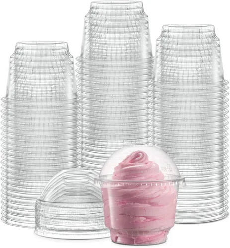 Vasos de postre de plástico transparente de 8 onzas con tapas de cúpula sin agujero, 50 juegos de cuencos desechables para helados, parfait,