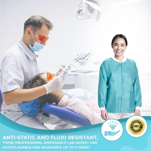 Miniatura 7 de Paquete de 10 chaquetas desechables de laboratorio, chaqueta médica reutilizable hasta la cadera, unisex, con puños de punto y bolsillos
