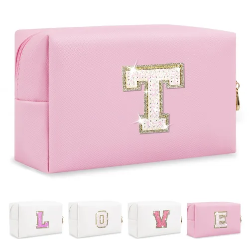 Miniatura 71 de Pequeña bolsa de maquillaje personalizada con inicial A-Z Preppy Patch, bolsa de cosméticos de viaje de felpilla blanca con cremallera, bonita bolsa