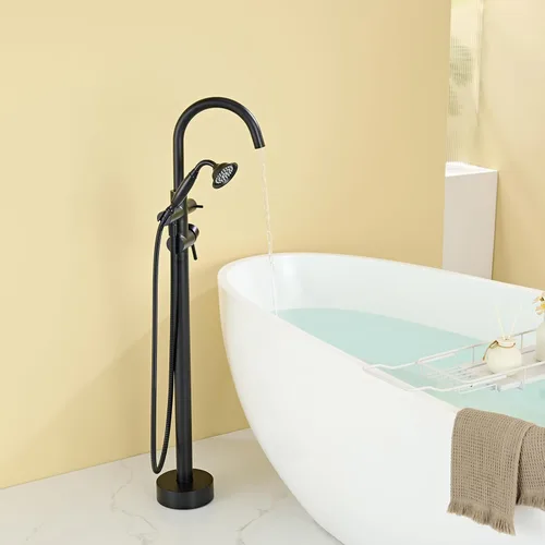 Miniatura 4 de Wowkk Llenador de bañera independiente grifo de bañera negro montado en el suelo grifos de bañera de baño de latón con ducha de mano