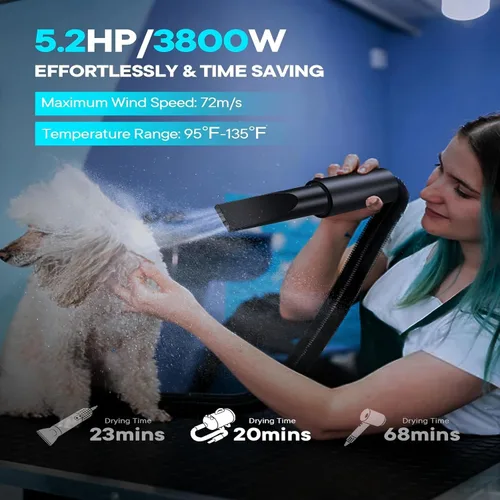 Miniatura 2 de EGFKI Secador de Perros, Soplador de Alta Velocidad de 5.2HP/ 3800W para Mascotas con 4 Boquillas, Secador de Pelo de Perros Ajustable en Velocidad