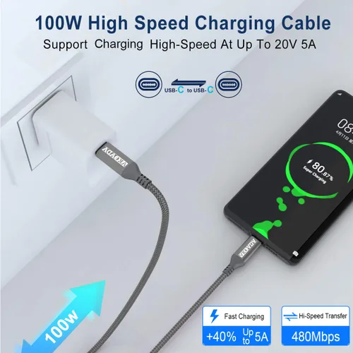 Miniatura 5 de AkoaDa - Cable USB-C a USB-C de 100 W de 10 pies Gris