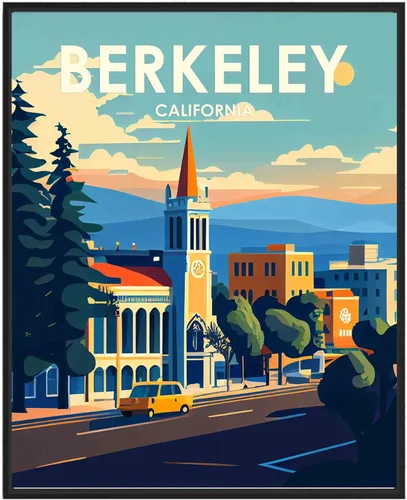 Berkeley - Póster artístico de arte retro de paisaje de montaña y lago de la ciudad de California, póster de arte de pared, decoración vintage,