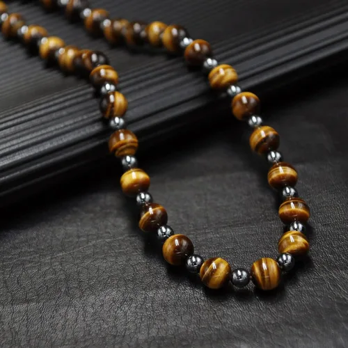Miniatura 2 de Collar de Cristales Curativos de Obsidiana Negra con Cuentas de Ojo de Tigre y Hematita – Collar de Triple Protección para Hombres y Mujeres