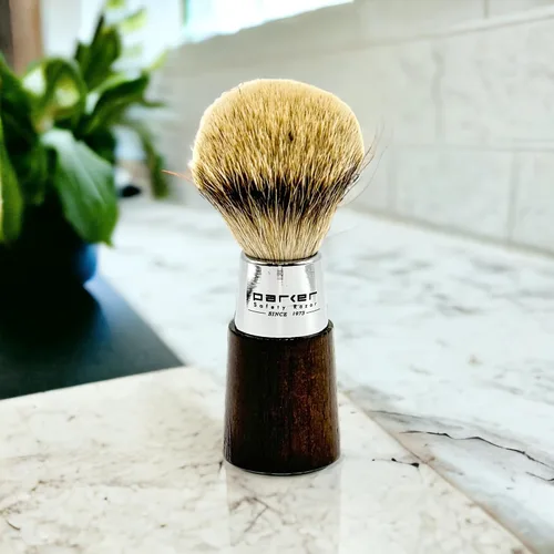 Miniatura 5 de Parker - Brocha de afeitar hecha a mano, 100% de 3 bandas con mango de tejón plateado de nogal y cromo, incluye soporte para cepillo
