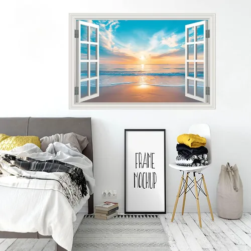 Miniatura 5 de Calcomanía de pared falsa para ventana, atardecer de verano, paisaje marino, océano, playa, póster de ventana falsa para decoración de pared