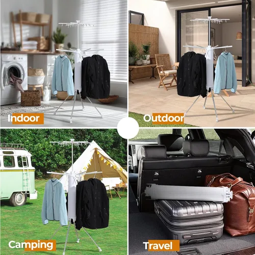 Miniatura 6 de Dollate Escurridor de ropa plegable de 4 patas, 2 niveles, portátil y plegable, ahorro de espacio, con 4 poleas, estante seco de aluminio para ropa