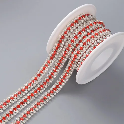 Miniatura 3 de Jerler Cadena de cierre de diamantes de imitación de 3 filas de 5 yardas para manualidades, bodas y decoraciones de ropa (rojo)