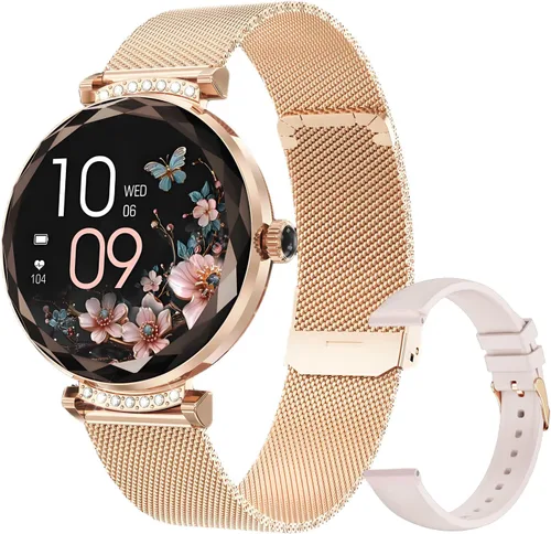 Reloj inteligente para mujer Android/iOS, IP68, impermeable, con llamadas Bluetooth, recordatorio menstrual femenino (2 correas doradas)