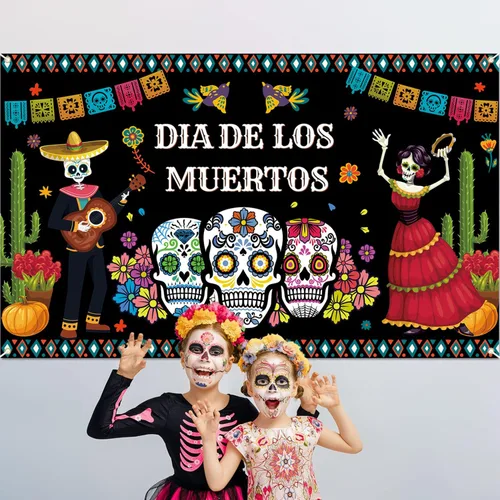 Miniatura 4 de Decoraciones del Día de los Muertos, telón de fondo de pancarta del día de los muertos, fondo de fotografía de flores de calavera de azúcar