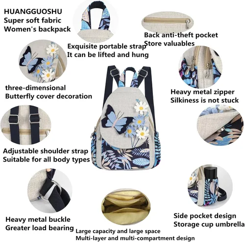 Miniatura 52 de HUANGGUOSHU Mochila de algodón tejida de algodón bohemio con bordado de lona estilo bohemio con múltiples bolsillos retro linda mochila cartera