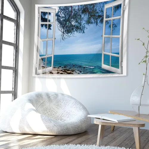 Miniatura 3 de Tapiz azul para ventana de playa y océano para colgar en la pared, árbol costero, paisajes naturales, arte lindo y pequeño tapiz estético
