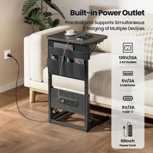 Miniatura 4 de HLDIRECT - Mesa auxiliar en forma de C con estación de carga, mesa lateral para sofá con bolsa de almacenamiento, bandeja para TV ajustable