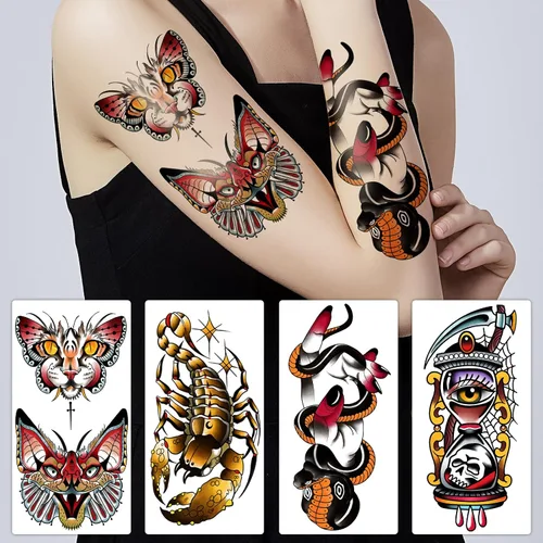 Miniatura 2 de Yazhiji 77 hojas de tatuajes falsos impermeables para hombres o mujeres, 17 hojas más grandes, mitad brazo, búho, peonía, mariposa, serpiente