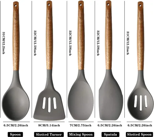 Miniatura 4 de Juego de utensilios de cocina, juego de utensilios de cocina de silicona, espátula de silicona antiadherente con mango de madera dura de acacia Gris