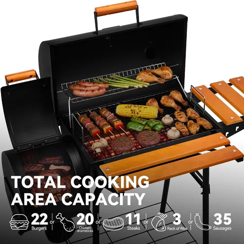 Miniatura 11 de Royal Gourmet CC1624W - Parrilla de carbón de barril con ahumador desplazado, área de cocción de 552 pulgadas cuadradas, estante frontal y lateral