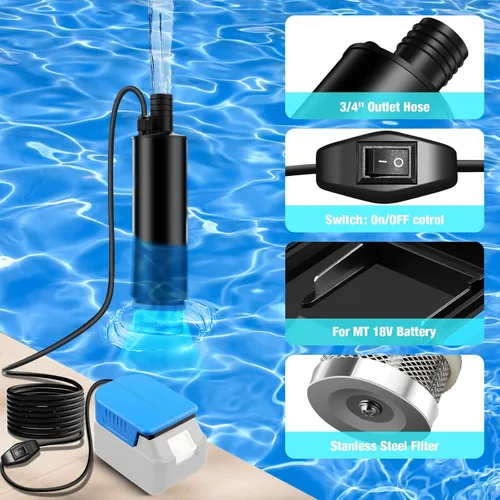 Miniatura 6 de Bomba de agua sumergible inalámbrica para batería Makita de 18 V, bomba eléctrica para jardín, bañera de hidromasaje, tanque, piscina, estanques