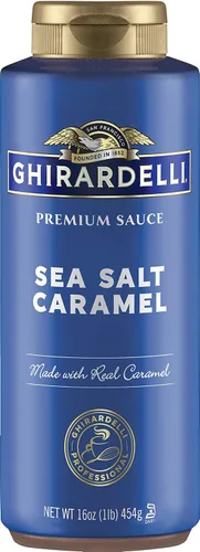 Miniatura 2 de Ghirardelli Salsa con sabor a caramelo de sal marina, botella exprimible de 16 onzas con cuchara de barista estampada Ghirardelli