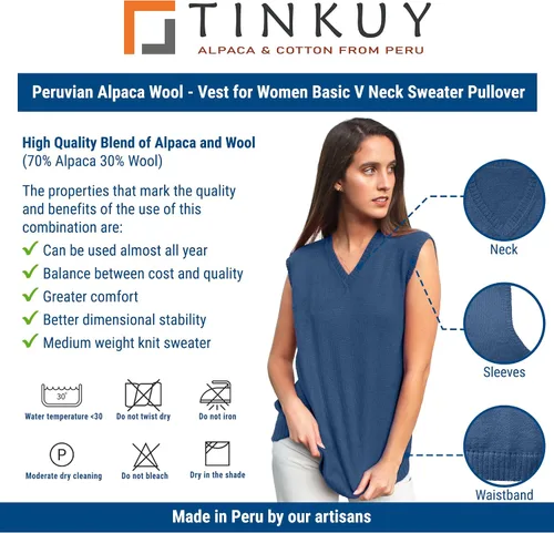 Miniatura 5 de TINKUY PERU - Chaleco de lana de alpaca con cuello en V para mujer, S-4XL