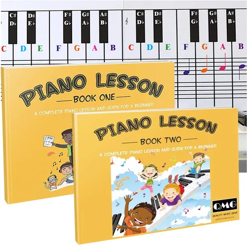 QMG Tabla de notas para piano y teclado y notas completas a color, lección de música de piano y libro guía 1 y libro 2 para niños y principiantes;