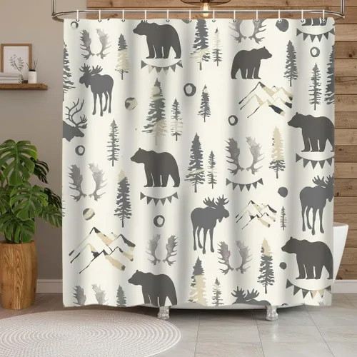 Cortina de ducha de oso de 72 x 72 pulgadas, decoración de baño de bosque de montaña con ciervos y pinos, juego de tela impermeable con temática de