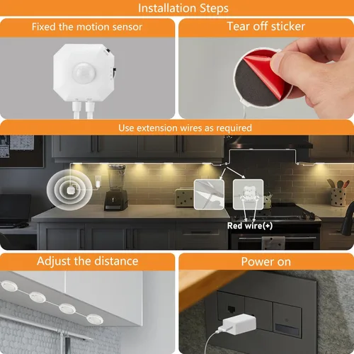 Miniatura 6 de Sensor de movimiento de luz LED para debajo del gabinete, 6 discos de 3 colores de apagado automático debajo de la encimera, luz blanca cálida