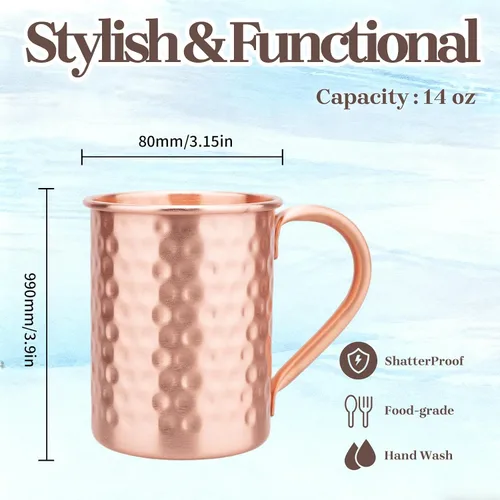 Miniatura 2 de Juego de 2 tazas de cobre 100% puro, tazas Moscow Mule con asa, taza de cobre para beber en frío, taza con acabado martillado a mano, regalos