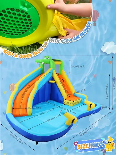 Miniatura 8 de ROOJER Tobogán acuático inflable de cocodrilo para patio trasero de niños, 8 en 1, casa de rebote húmeda y seca, parque acuático con soplador