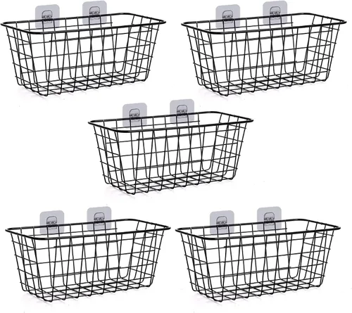 Paquete de 5 cestas de almacenamiento de alambre para el hogar, contenedores de metal montados en la pared, contenedores organizadores para cocina,