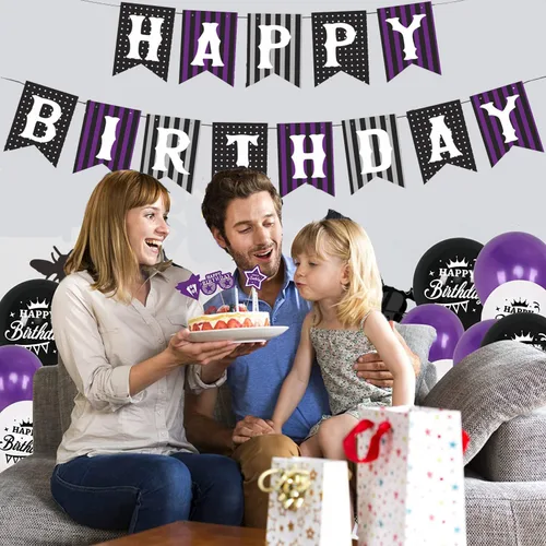 Miniatura 2 de Decoraciones de cumpleaños de miércoles con remolinos colgantes negro y morado, decoración de fiesta, pancarta gótica de tela de araña morada