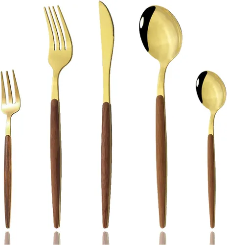 JASHII Juego de cubiertos de 30 piezas para 6, cubiertos de acero inoxidable con mango de madera imitada, juegos de vajilla que incluyen tenedores,