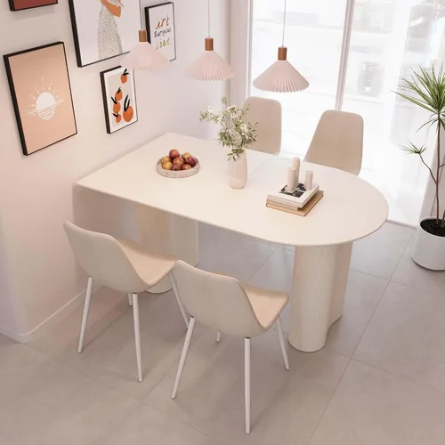 Miniatura 13 de Moderno juego de mesa de comedor color crema para 4, juego de mesa de comedor y sillas de 5 piezas, mesa de comedor ovalada blanca de 63 pulgadas