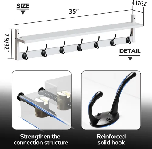 Miniatura 3 de BAMEOS Ganchos de pared de 35" L con estante, ganchos para abrigos de entrada, estante de madera para colgar en la pared, perchero montado en pared
