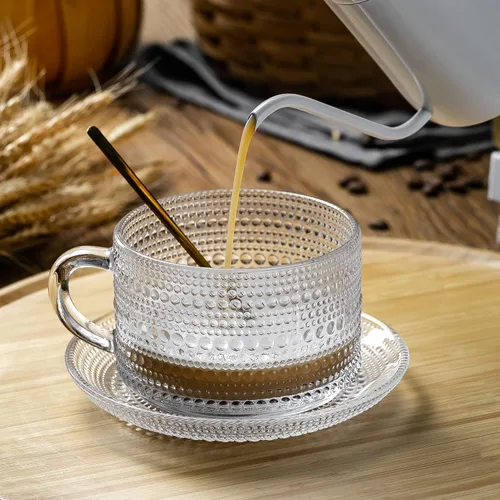 Miniatura 6 de Gezzeny Tazas de café vintage con platillos de 14 onzas, juego de 2 tazas de vidrio en relieve, tazas de té, tazas de café de vidrio para capuchino