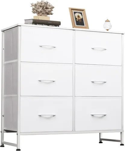 WLIVE Cómoda blanca para dormitorio, cómoda doble de 6 cajones, torre de almacenamiento de tela con cubos de tela, cómoda para armario, sala de