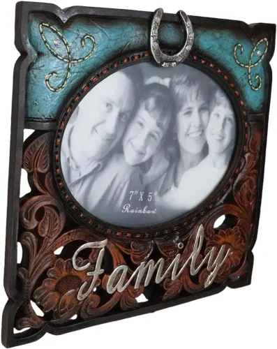 Miniatura 4 de Ebros Gift Rustic Western Family - Marco de fotos de piel sintética turquesa y resina de madera tallada, 7 x 5 pulgadas, con caballete trasero