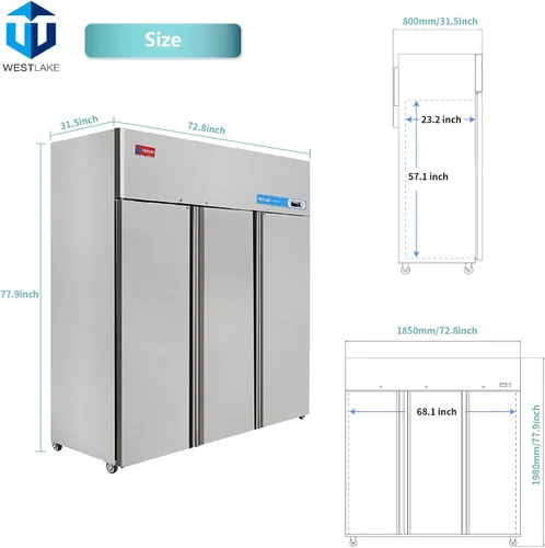 Miniatura 3 de WESTLAKE Congelador comercial de 72 pulgadas de ancho, 3 puertas, 3 secciones, de acero inoxidable, ventilador de alcance de refrigeración de 54