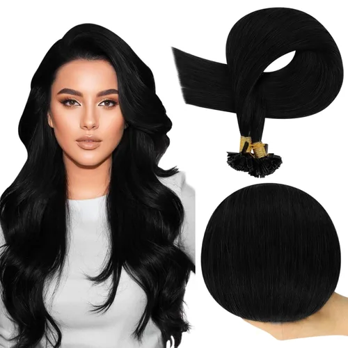 Full Shine Ktip - Extensiones de cabello humano, 22 pulgadas, 1.76 onzas, 50 hebras de color 1 negro azabache, cabello lacio natural, mezcla sin