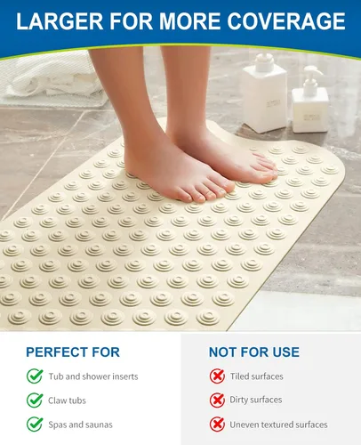 Miniatura 4 de Bligli Tapete para bañera antideslizante sin ventosas, 39 x 16 pulgadas, extra largo, para ducha, baño, lavable a máquina, de goma natural