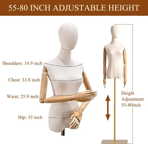 Miniatura 2 de Maniquí de forma de vestido femenino, torso de mujer para coser, cuerpo de maniquí de exhibición de ropa con soporte de altura ajustable dorado
