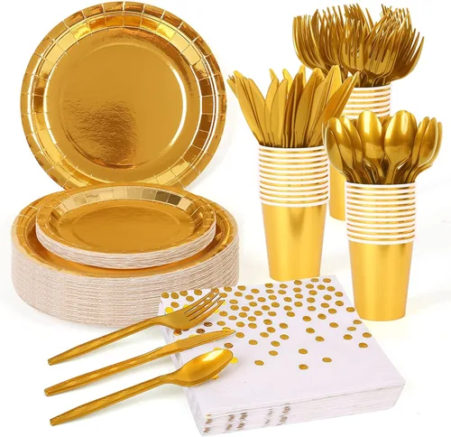 Juego de vajilla desechable dorada de 175 piezas para fiestas, platos de papel dorados, servilletas, vasos, tenedores de plástico dorado, cuchillos,