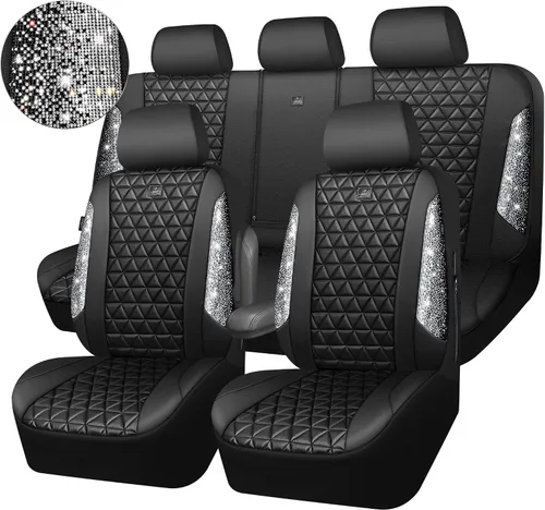 Miniatura 9 de CAR PASS Fundas de asiento de automóvil de cuero con diamantes brillantes, juego de asientos interiores de asientos completos, impermeable, Plateado