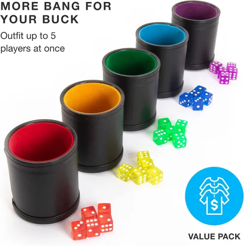Miniatura 2 de Brybelly Juego de dados con taza de dados – Perfecto para juegos de dados de casino para la familia de dados de cuero – Coctelera de dados de póker