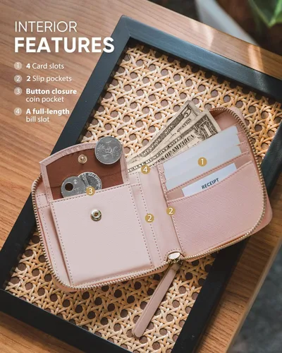Miniatura 2 de Cartera de piel para mujer, con bloqueo RFID, plegable, delgada, para tarjetas de crédito, con bolsillo con cremallera, Rosado, Classic