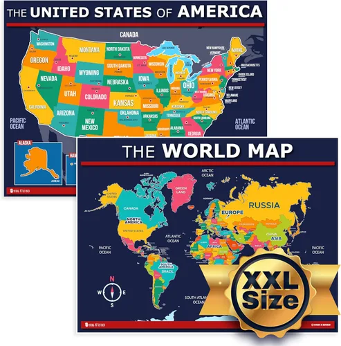 Miniatura 7 de Póster de mapa de Estados Unidos y del mundo 2 unidades para niños laminado azul (actualizado fijo V2.0) Young N Refined (18x24)