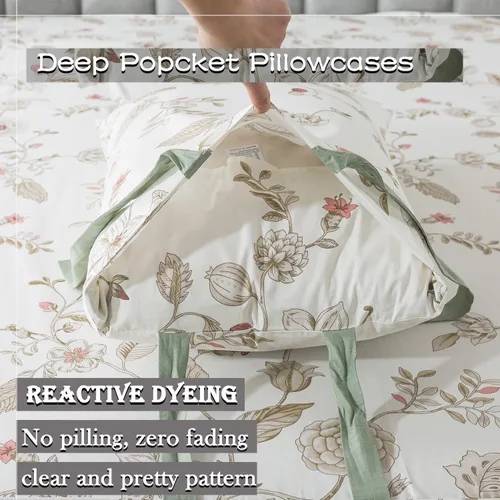 Miniatura 8 de FADFAY Juego de ropa de cama de 7 piezas, 100% algodón, diseño floral beige, tamaño Queen + funda de edredón, ropa de cama completa con flores rosas