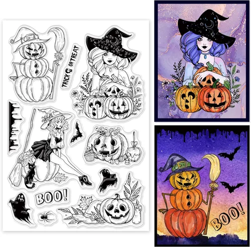 Miniatura 9 de ORIGACH Sellos transparentes de silicona – Bruja, fantasma, gato, murciélago, calabaza, sellos reutilizables para hacer tarjetas, álbumes