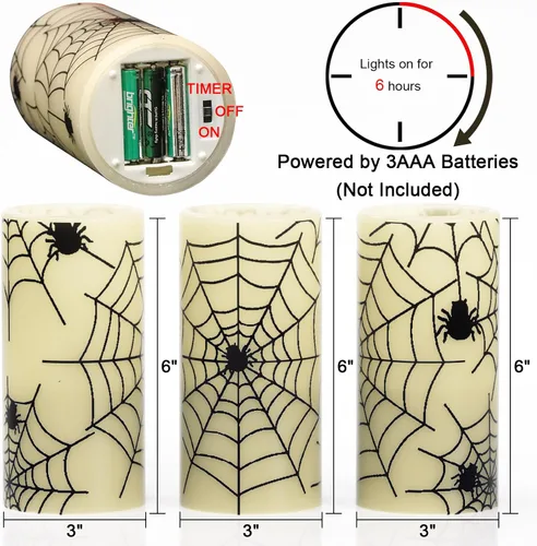Miniatura 2 de Eldnacele - Velas parpadeantes de Halloween sin llama con temporizador, velas de cera real con calcomanías de telaraña, juego de 3 velas LED